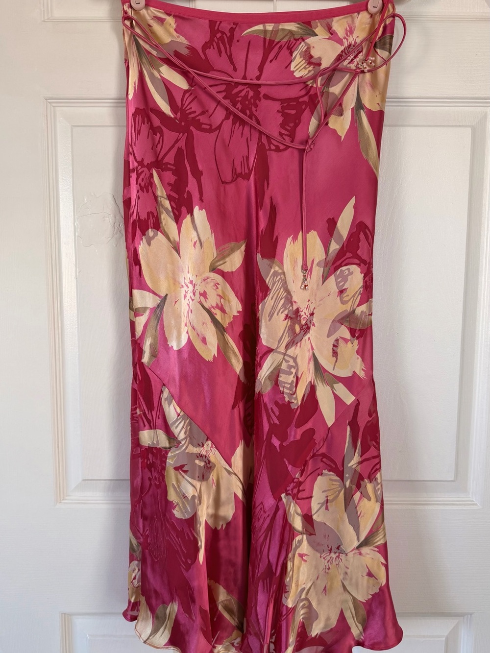 Floral Pink and Cream Satin Midi Skirt Like New